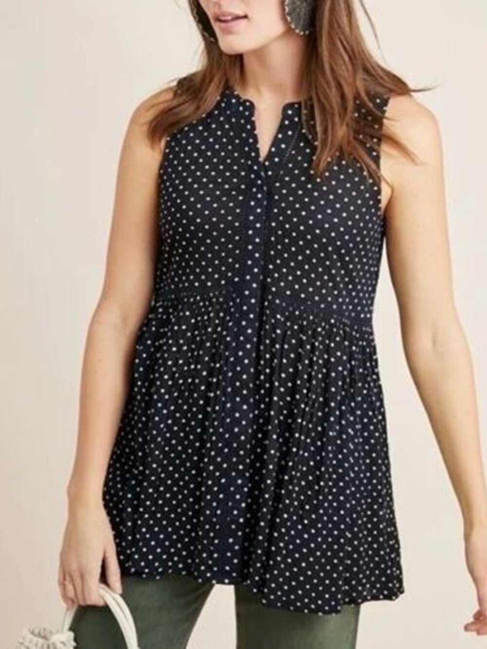 ANTHROPOLOGIE Nia Button Front Polka Dot Tunic Top in Navy - Size M